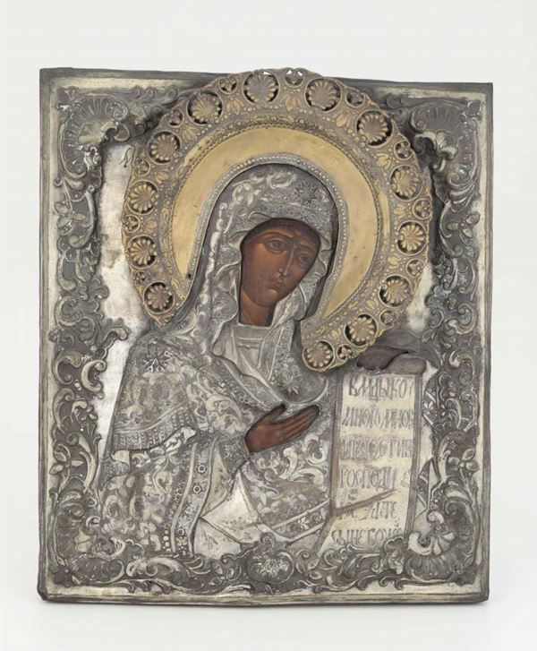 Icona con riza in metallo argentato, Russia (?) XIX secolo