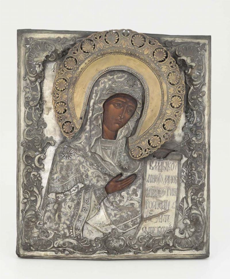Icona con riza in metallo argentato, Russia (?) XIX secolo  - Auction Works of Art Timed Auction - IV - Cambi Casa d'Aste