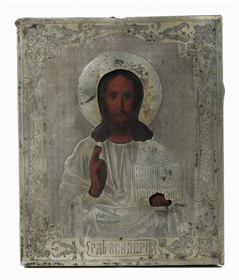 Icona con riza in argento raffigurante Cristo Pantocratore, Mosca 1888. Cm 12x10  - Asta Argenti da Collezione - Cambi Casa d'Aste