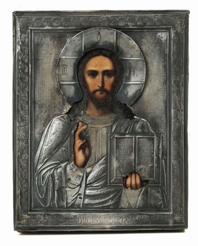 Icona con Riza in Argento Raffigurante Cristo Pantocratore, Russia, Mosca (?) XX Secolo, Bolli in...