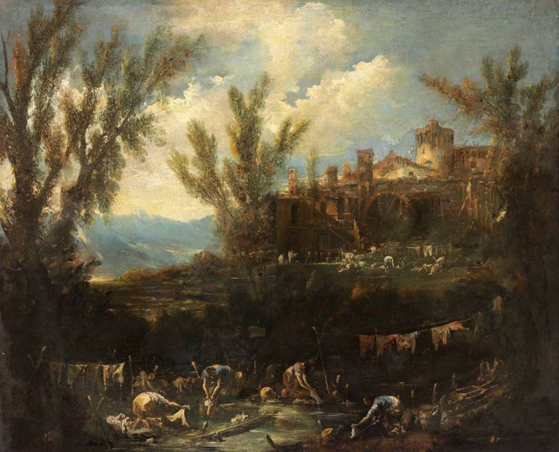 Alessandro Magnasco (Genova 1667-1749) Paesaggio con architetture e lavandaie  - Asta Dipinti Antichi - Cambi Casa d'Aste