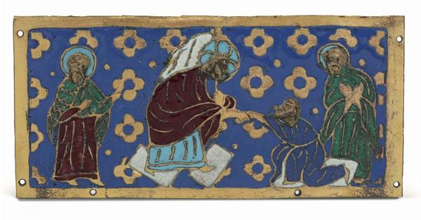A set of four plaques with religious depictions in chiselled copper and polychrome enamels. France ?, 19th - 20th century