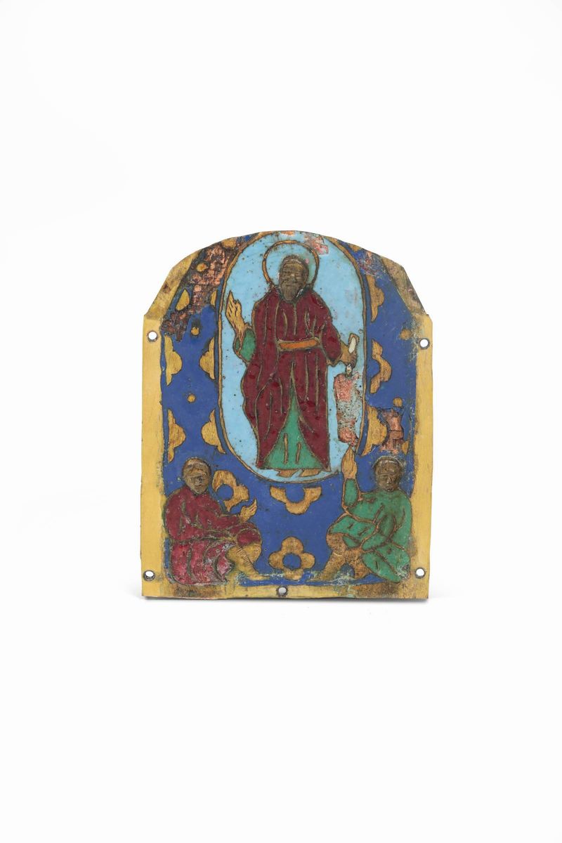Gruppo di Quattro Placchette con Raffigurazioni Religiose in Rame Cesellato e Smalti Policromi. F...