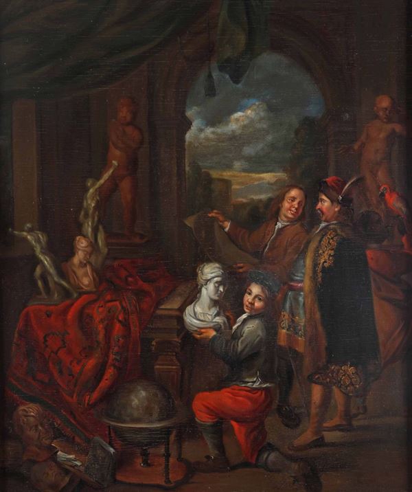 Scuola fiamminga del XVIII secolo Scena di interno con figure