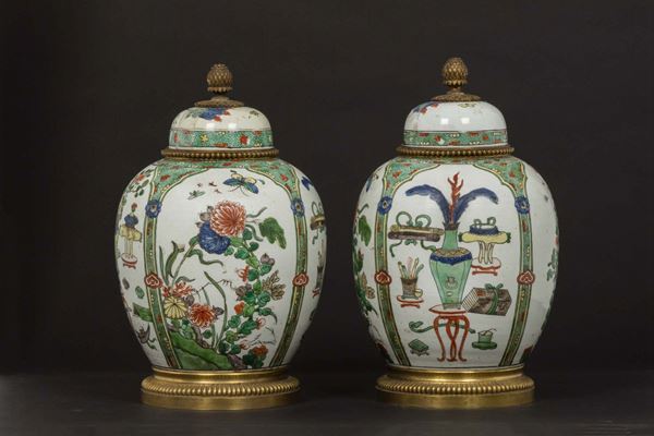 A pair of Green Family porcelain potiches with gilt bronze mountings, China, Qing Dynasty, late 19th century