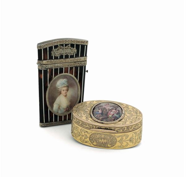 A set including: a ball carnet in gilt and chiselled silver, tortoise and ivory, with oval reserves  [..]
