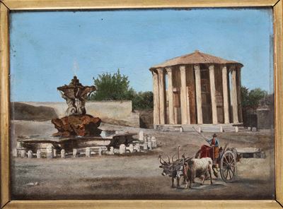 Anonimo del XIX secolo, Tempio di Vesta, Campagna romana, olio su tavoletta
