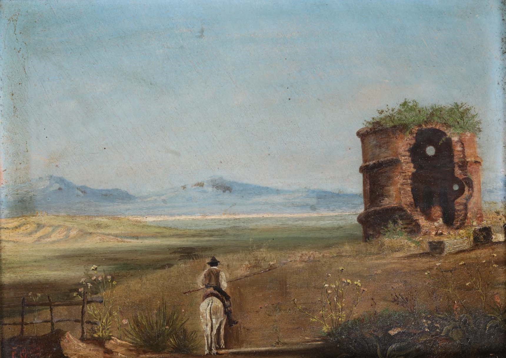 Anonimo del XIX secolo, Tempio di Vesta, Campagna romana, olio su tavoletta