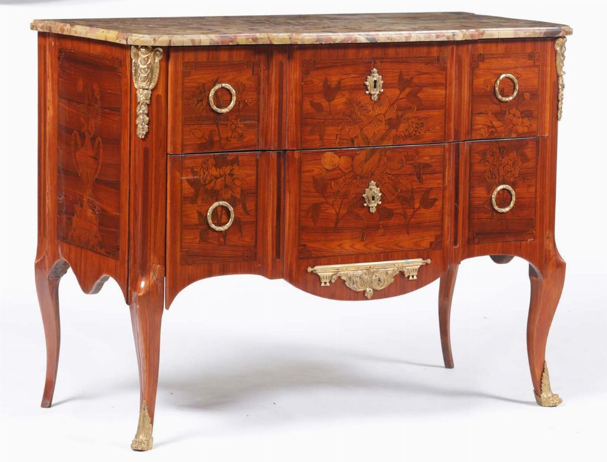 Commode, due cassetti in legno intarsiato in stile Luigi XV, XIX secolo