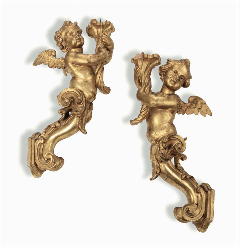 Coppia di appliques in legno intagliato e dorato, XIX secolo  - Asta Antiquariato - I - Cambi Casa d'Aste