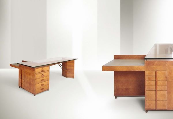 Mario Brunati, a large desk with a wooden structure, thick glass top and metal details. Italy, 1940 ca.