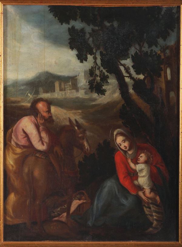 Scuola emiliana XVII secolo Riposo durante la fuga in Egitto