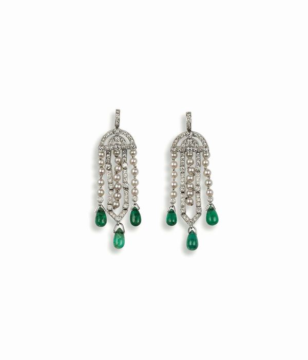 Pair of emerald, diamond and pearl pendent earrings