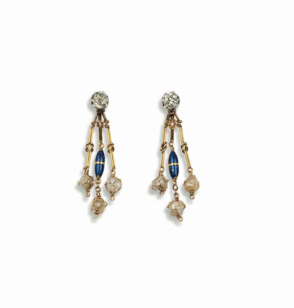 Pair of old-cut diamond, enamel and pearl pendent earrings