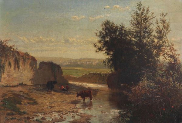Pittore del XIX secolo Paesaggio fluviale con mucche e pastore