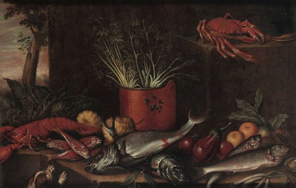 Scuola emiliana del XVII secolo Natura morta con pesci e ortaggi
