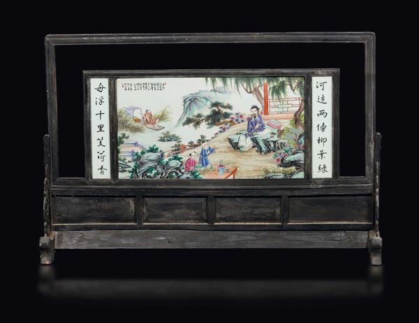A screen with a large glazed porcelain plaque depicting a wiseman with disciples and inscriptions, China, Republic, 20th period