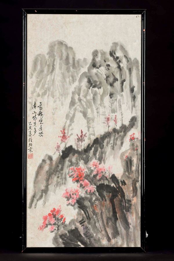 A painting on paper depicting a landscape with blossoming branches, China, 19th century