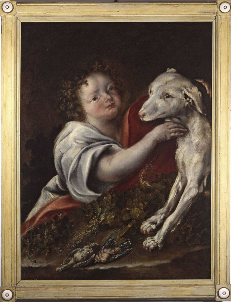 Domenico Guidobono (Savona 1668 - Napoli 1746) Bambino col suo cane  - Asta Dipinti Antichi - Cambi Casa d'Aste