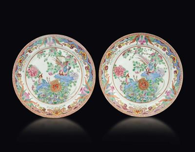 Coppia di Piatti in Porcellana Famiglia Rosa con Scene Naturalistiche, Cina, Dinastia Qing, XIX S...