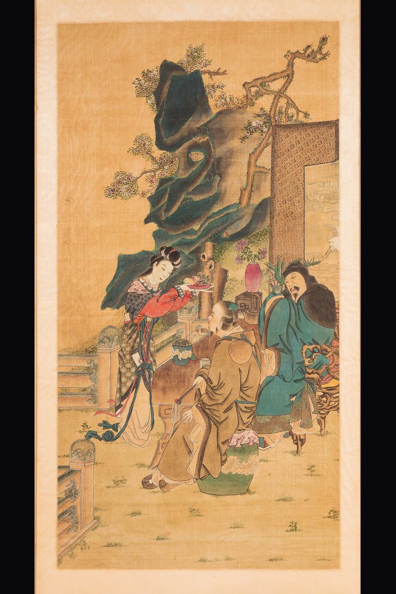 Dipinto su seta raffigurante scena di vita quotidiana, Cina, Dinastia Qing, XIX secolo  - Asta Fine Chinese Works of Art - I - Cambi Casa d'Aste