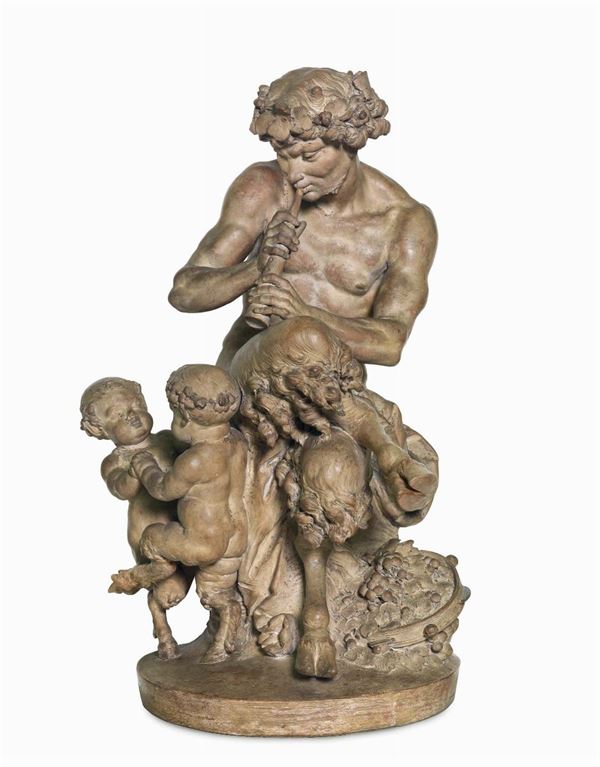 Pan e due giovani satiri danzanti in terracotta. Firma Clodion, Francia XVIII secolo