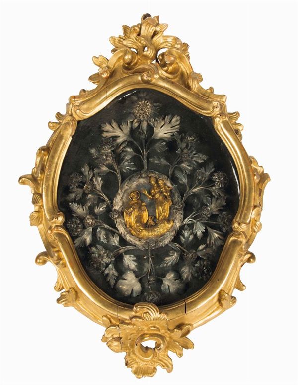 A carved and gilt framed case with a silver nativity inside, Palermo, consul Giovanni Costanza 1737-1738