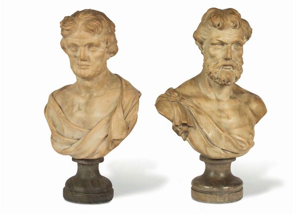 A pair of male busts in white marble. Tuscan Baroque sculptor active between the 17th and the 18th century,  [..]