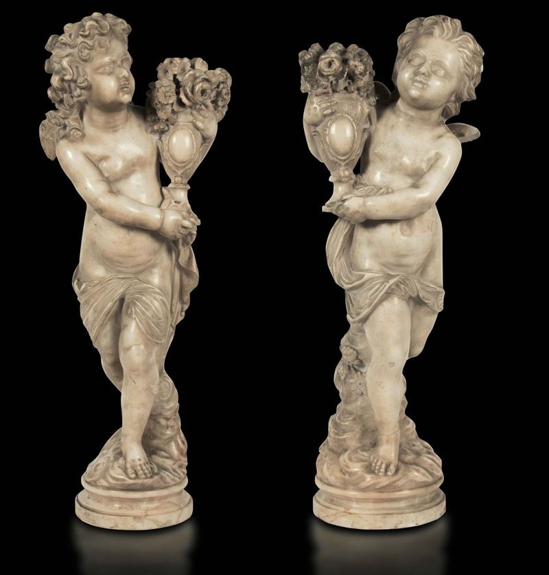 Coppia di putti alati in marmo, scultore barocco operante nella prima metà del XVIII secolo  - Auction Artworks and Furnishings - Cambi Casa d'Aste