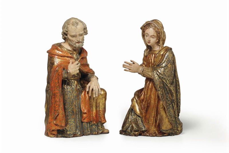 A large sculpture in polychrome and gilt wood, depicting Mary and Saint Joseph. Neapolitan sculptor from the last quarter of the 15th century, circle of Pietro Belverte  - Auction Sculpture and Works of Art - Cambi Casa d'Aste