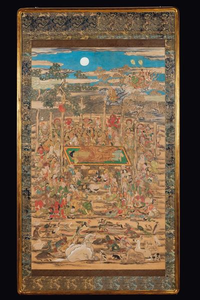 Grande Dipinto su Seta Raffigurante Buddha Dormiente con Lumeggiature in Oro, Giappone, Periodo E...