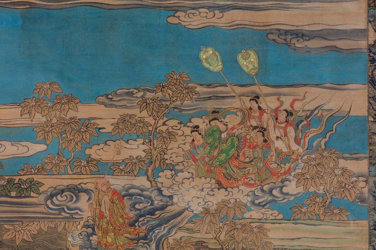 Grande Dipinto su Seta Raffigurante Buddha Dormiente con Lumeggiature in Oro, Giappone, Periodo E...