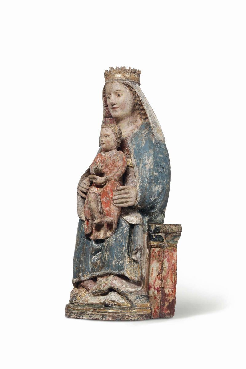 A Seat of Wisdom in polychrome and gilded wood. Gothic sculptor active in Piedmont or Valle d'Aosta in the 14th century  - Auction Sculpture and Works of Art - Cambi Casa d'Aste