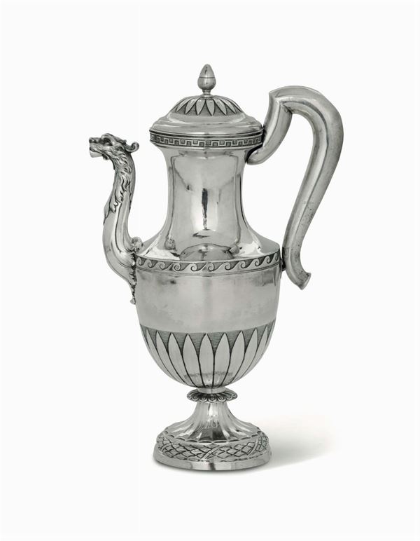 A coffee pot in molten, embossed and chiselled silver, Rome 1795 ca, silversmith Andrea Sanini (1788-1809), control marks for Genoa (Mauritian cross and coiled dolphin) in use since 1825