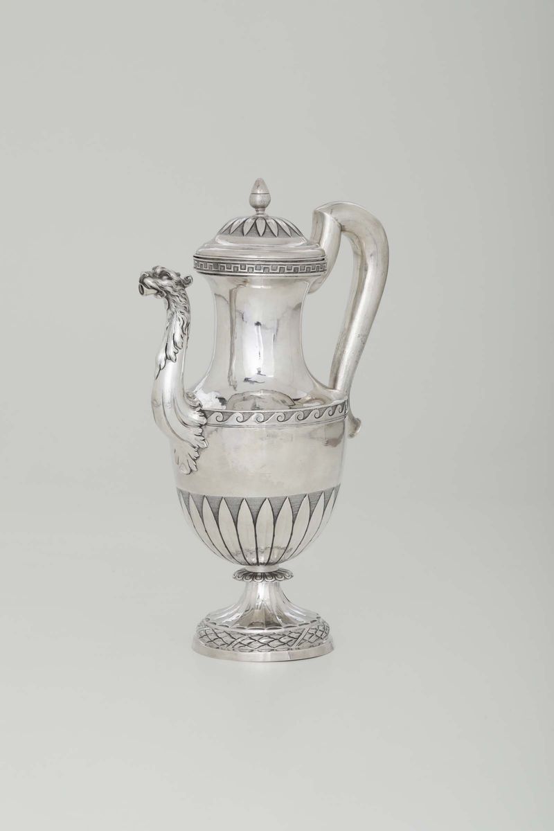Caffettiera in Argento Fuso, Sbalzato e Cesellato, Roma 1795 Ca, Maestro Argentiere Andrea Sanini...
