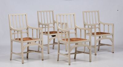 Quatto Poltrone Impagliate in Legno Laccato Bianco