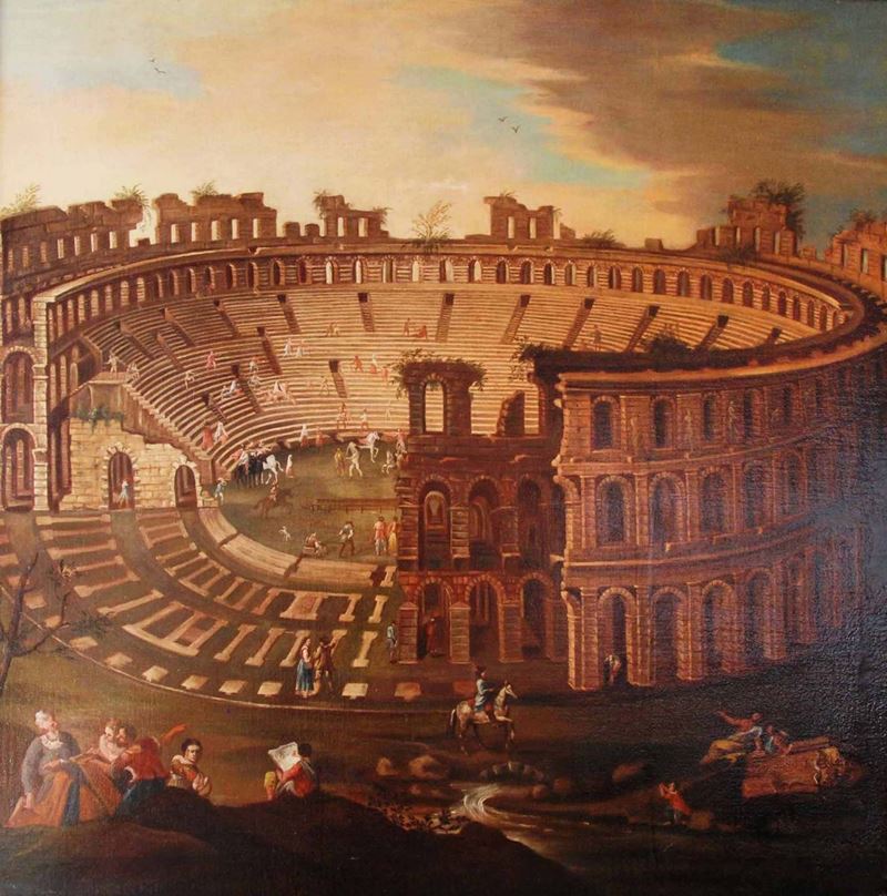 Scuola romana del XVIII secolo Veduta del Colosseo  - Asta Dipinti Antichi - Cambi Casa d'Aste