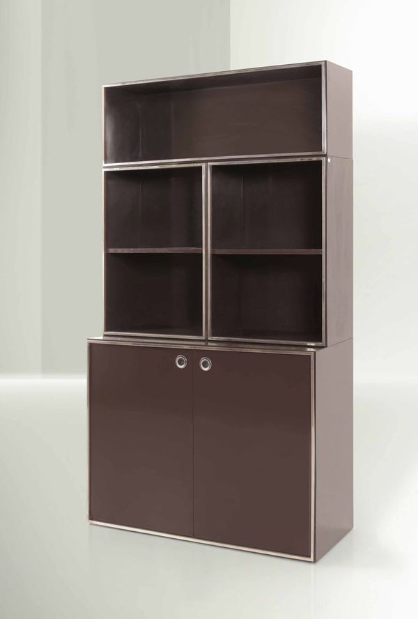 Willy Rizzo, a bookcase and sideboard with three sectional elements. Laminated wood structure. Chromed  [..]