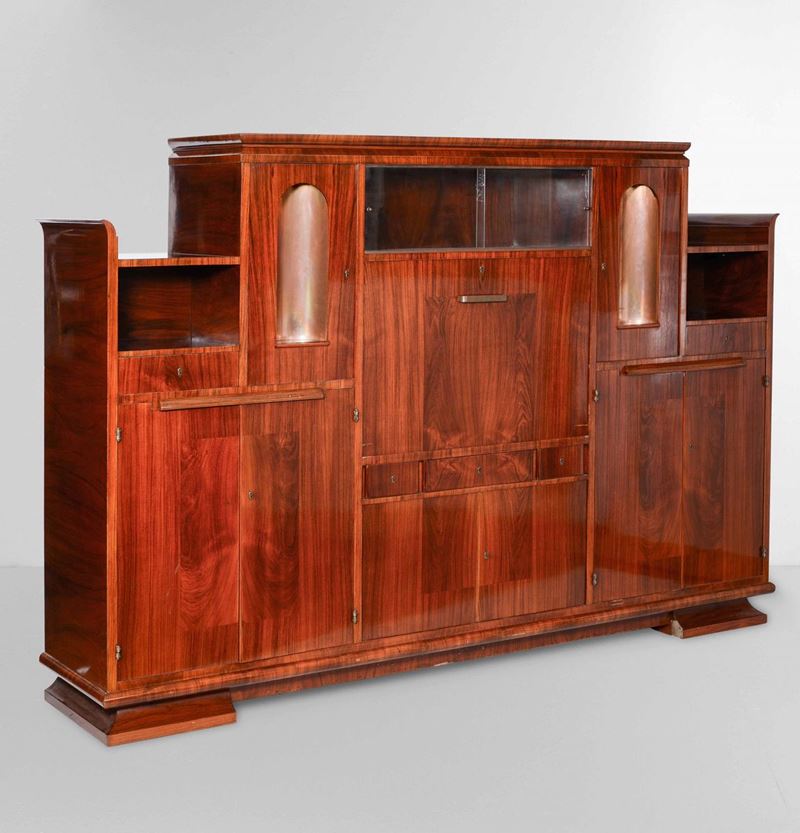 Gio Ponti and Emilio Lancia, a large sideboard from the Domus Nova series with a wooden structure and brass elements. Original label. Cusatelli for “La Rinascente”, Italy, 1928  - Auction Fine Design - Cambi Casa d'Aste