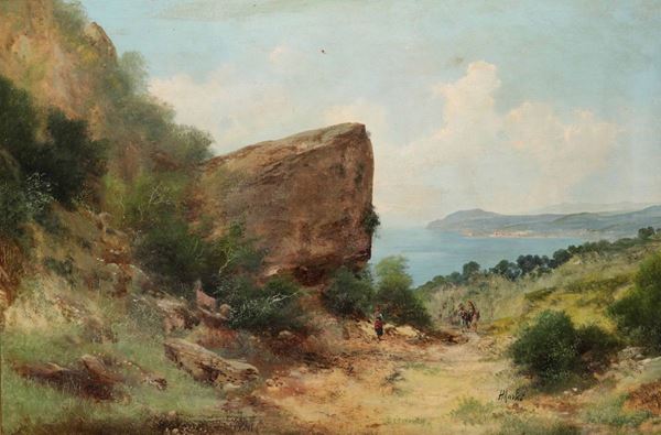 Henry Markò (1855-1921) Veduta campestre con mare sullo sfondo