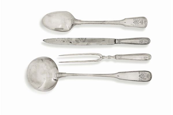 A set of four pieces of silverware in molten, embossed and chiselled silver, Genoa, Torretta stamps