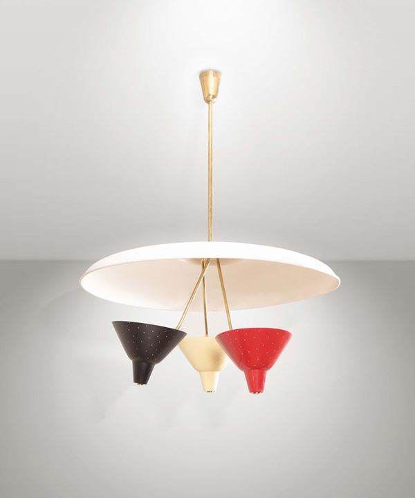Stilnovo, a pendant lamp with a brass structure. Lacquered aluminum diffusers. Stilnovo Prod., Italy, 1950 ca.