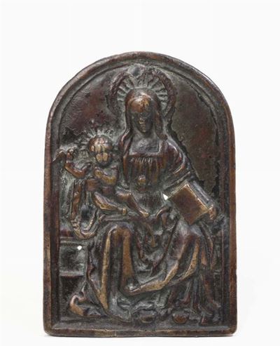 Pace con Placchetta in Fusione a Cera Persa Raffigurante “vergine Col Bambino” in Cornice a Edico...