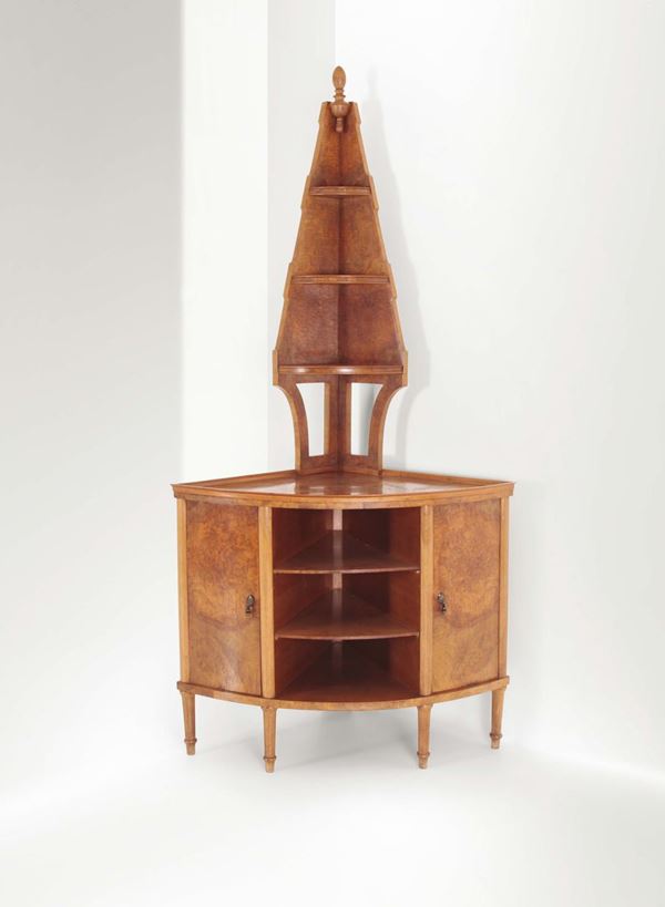 Gio Ponti, a corner piece with shelves. Walnut root wood structure and bronze elements. From the furnishings of Villa Guidi in Legnano. Made by Paolo Lietti from Cantù, Italy, 1925