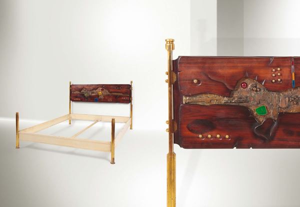 Arnaldo Pomodoro, a bed with a lacquered metal structure and brass stands. Wooden headboard with bronze, brass and metal details. Original design for a private buyer. One-of-a-kind. Cereda Prod., Italy, 1962