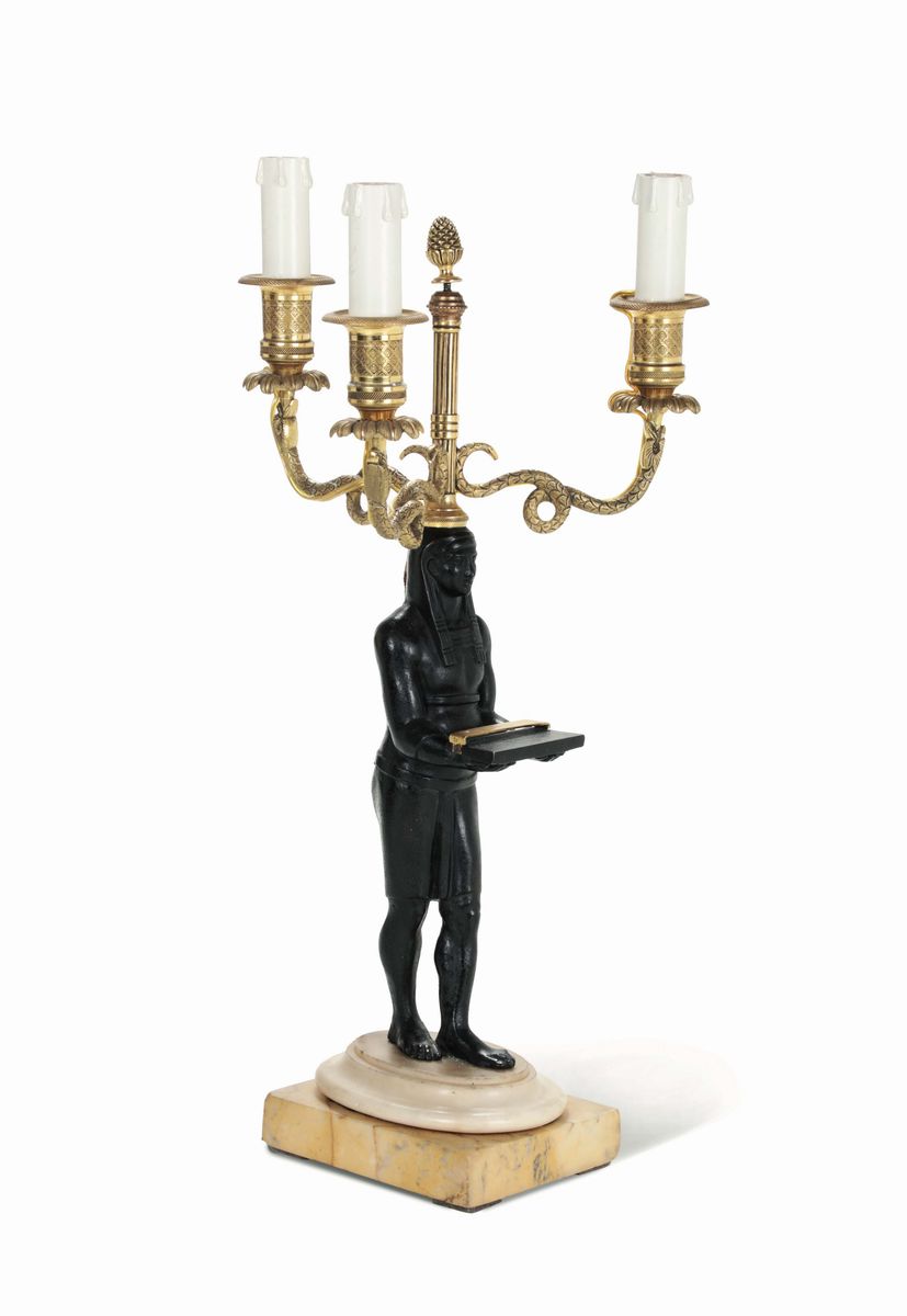 Candelabro in Bronzo Dorato e a Patina Scura in Stile Retour D'egypte, XIX-XX Secolo