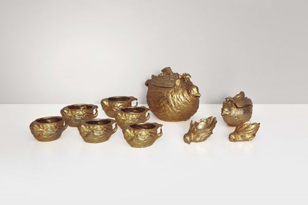 Gabriella Crespi, a ten-element tea set from the Gocce d'oro series, lost-wax cast gilt bronze. Original signature on each piece. Certificate of authenticity. Crespi Prod., Italy, 1974