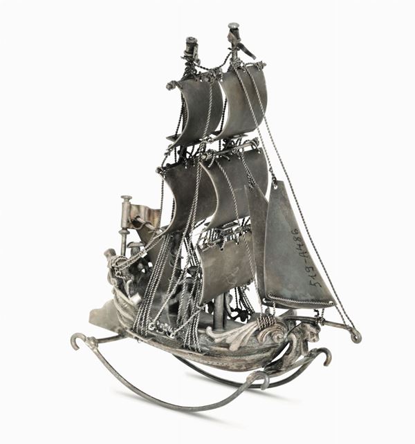 A model of a sailing ship in molten, embossed, chiselled and perforated silver. Europe, 19th century