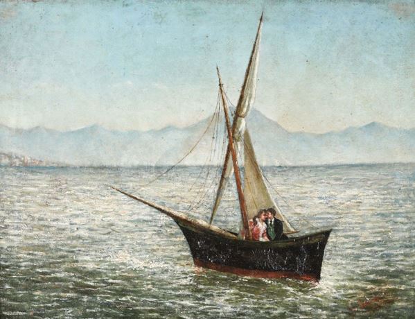 Pittore del XIX secolo Marina con barca