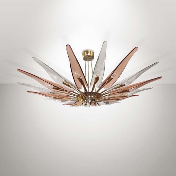 Max Ingrand, a mod. 1563/A Dahlia lamp in polished and nickeled brass with coloured, curved and cut crystal diffusers. Fontana Arte Prod., Italy, 1954